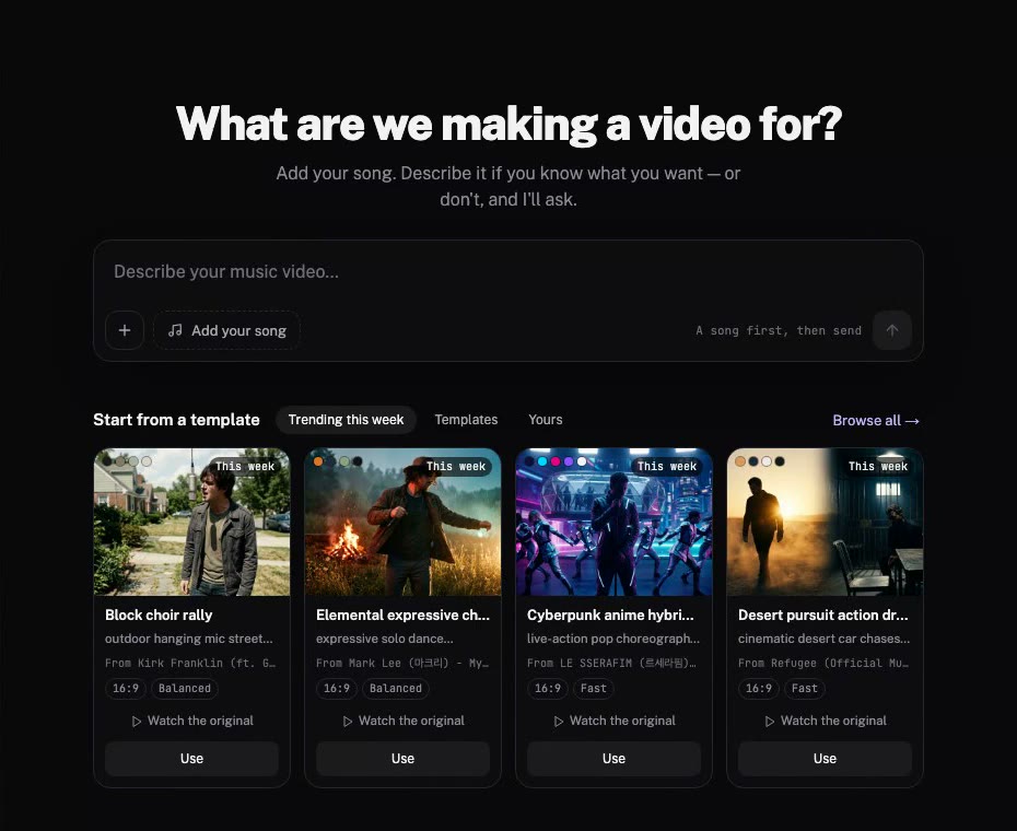 The Trending this week templates on the home screen, then pasting a YouTube link into Style from a video