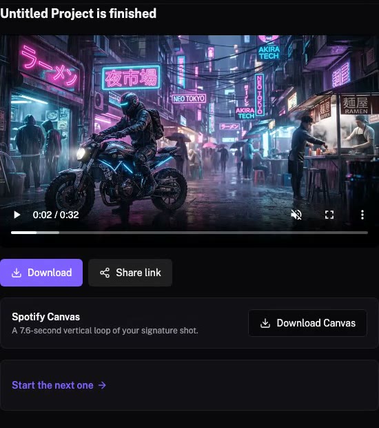 The finished screen: the video playing, Download, Share link, the Spotify Canvas download and Start the next one